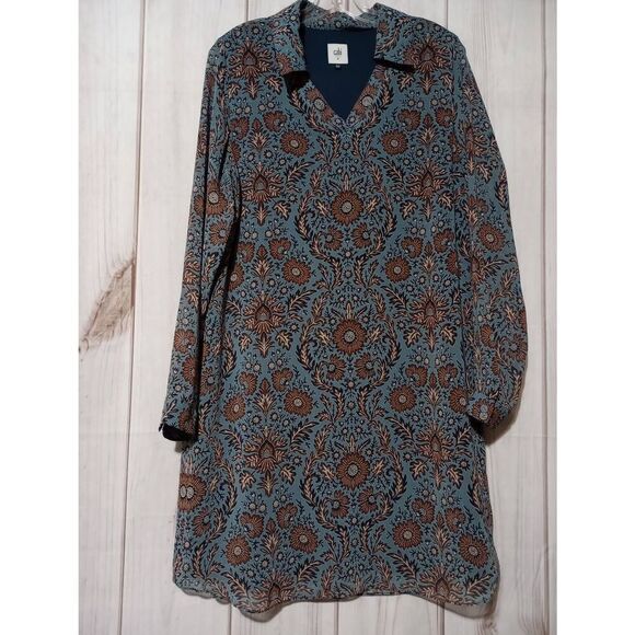 Cabi Dress Ladies Medium Blue Brown #3295 Provencal Floral Shift Semi Sheer Slee - Picture 1 of 8